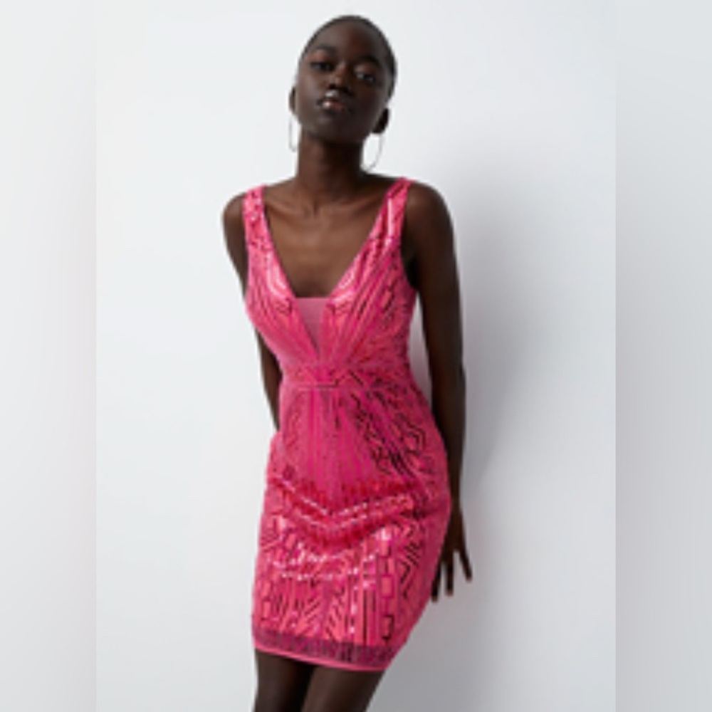 NWT Elegant Fuchsia sequins plunging neckline dress